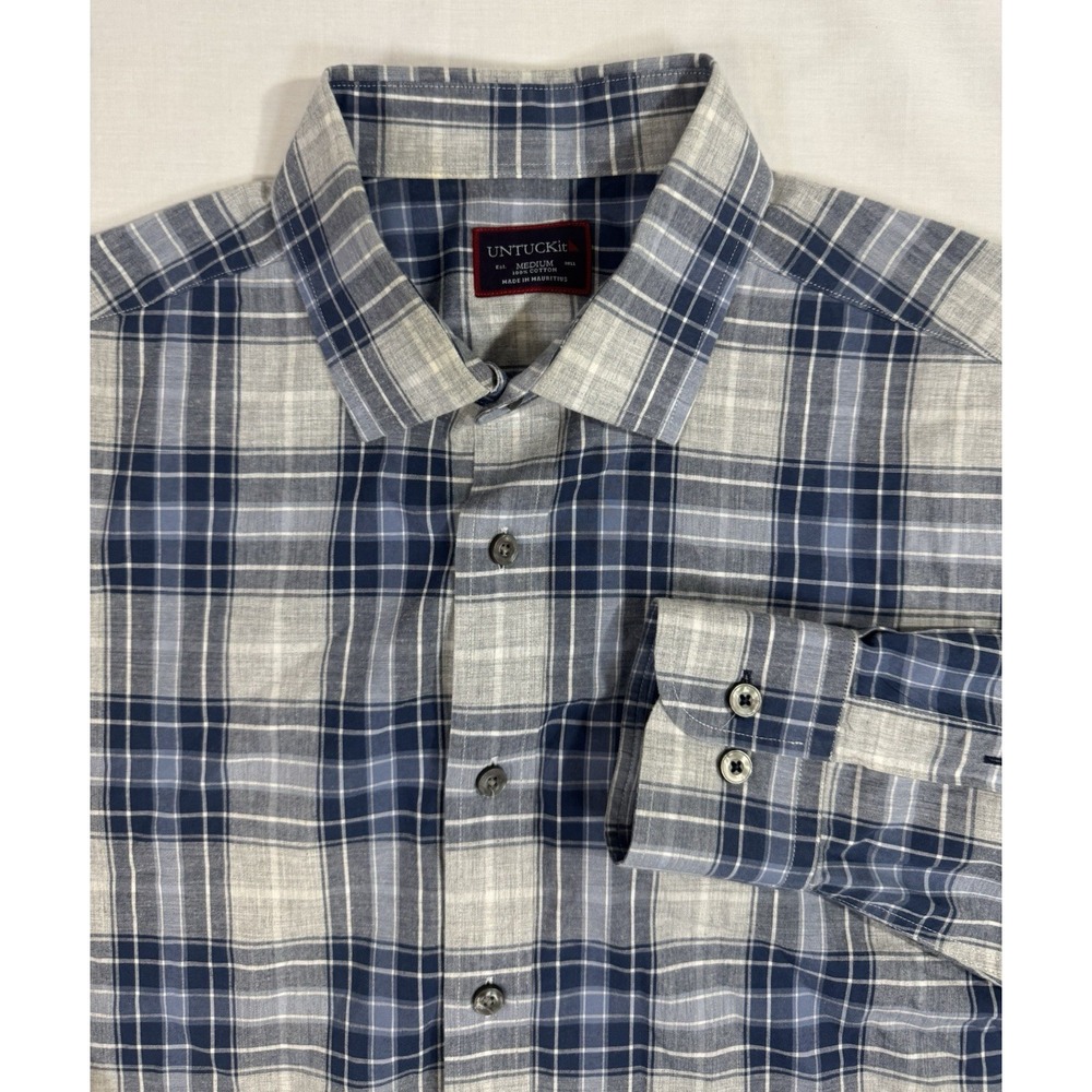 UNTUCKIT Benjamin Men's Large 100% Cotton Blue Gray Plaid Long Sleeve Button Up